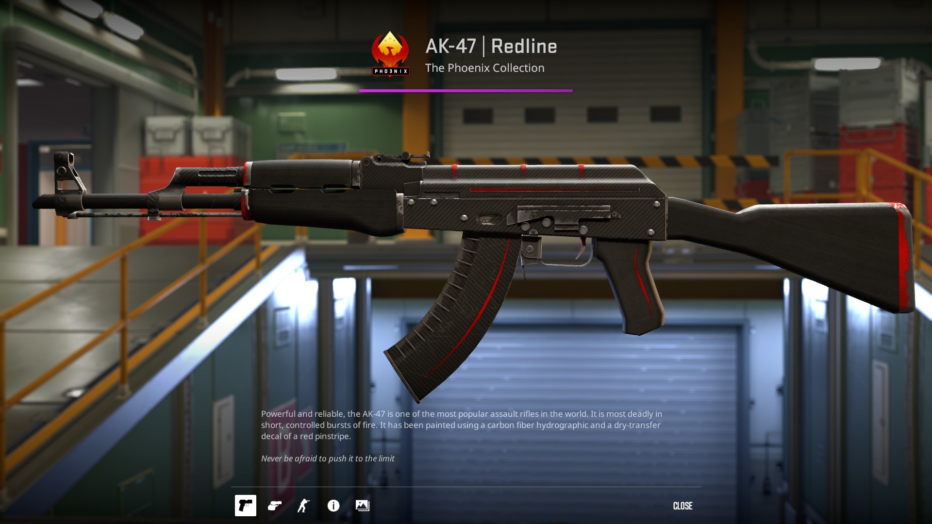 AK-47 | Redline with clean black carbon fiber and red pinstripes, shown on the CS2 inspect screen