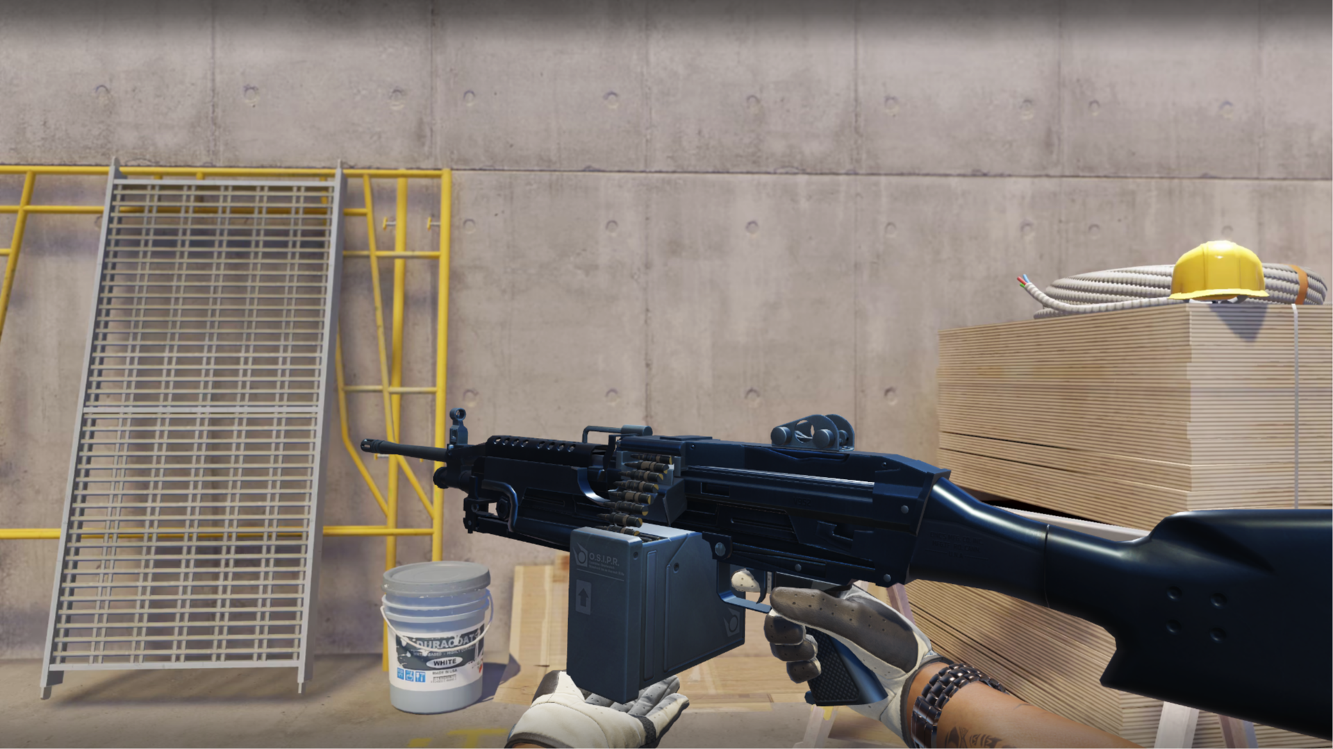 M249 | O.S.I.P.R. in dark navy blue with a black stock, shown in-game at a construction site