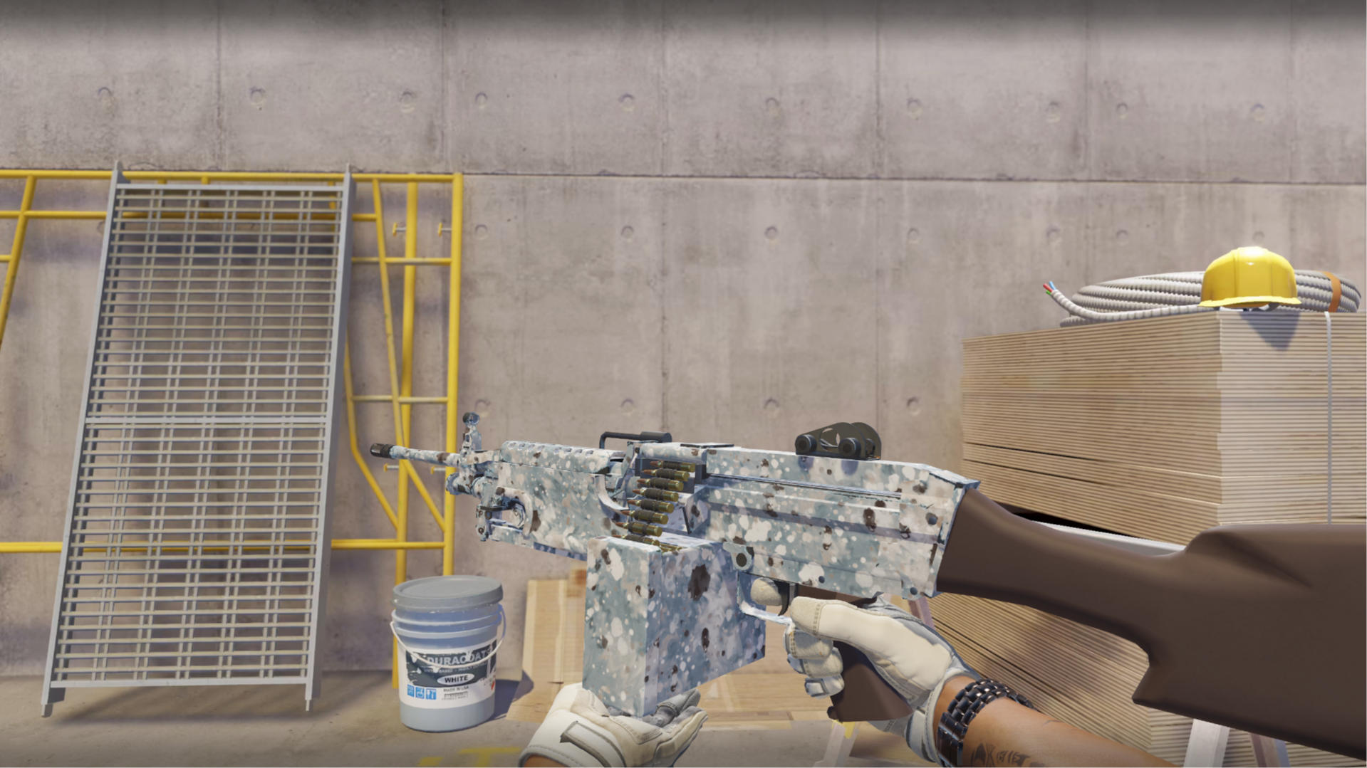 M249 | Blizzard Marbleized with a white and pale blue speckled pattern and brown flecks, shown in-game at a construction site