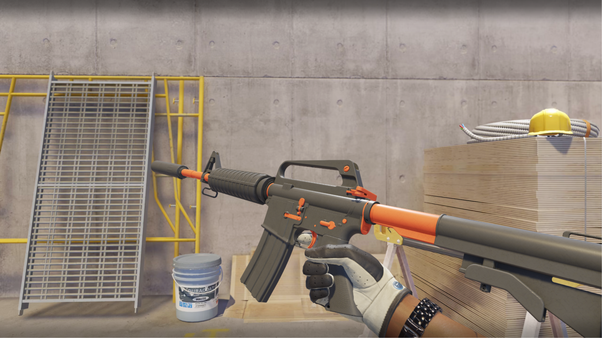 M4A1-S | Nitro with a dark gray body and bright orange barrel and controls, shown in-game at a construction site
