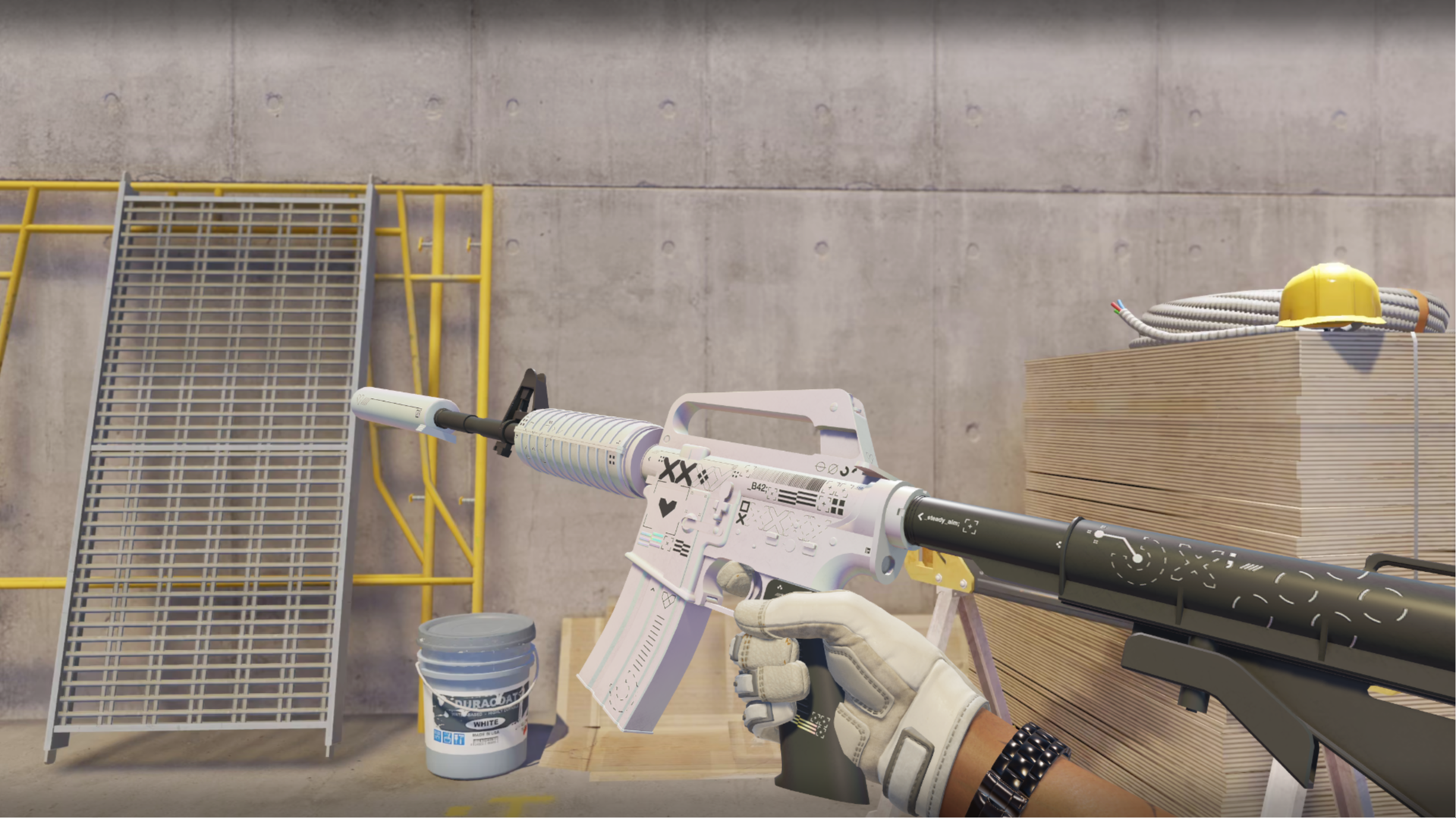 M4A1-S | Printstream with a white body and black code-style graphics, shown in-game at a construction site