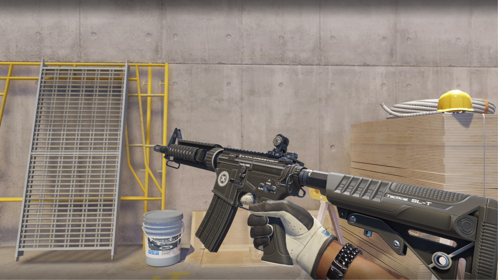 M4A4 | Dark Operative in black and charcoal with a tactical look, shown in-game at a construction site