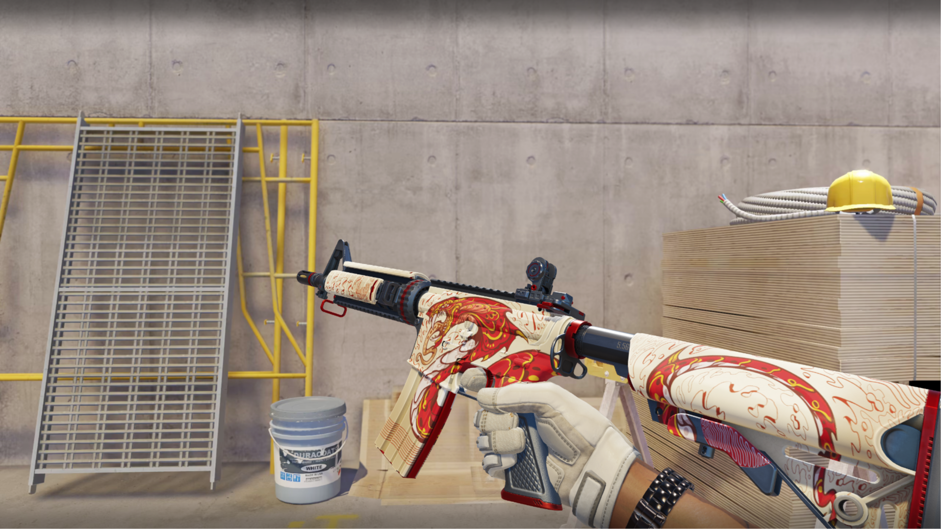 M4A4 | Falak with a cream body and red dragon artwork, shown in-game at a construction site