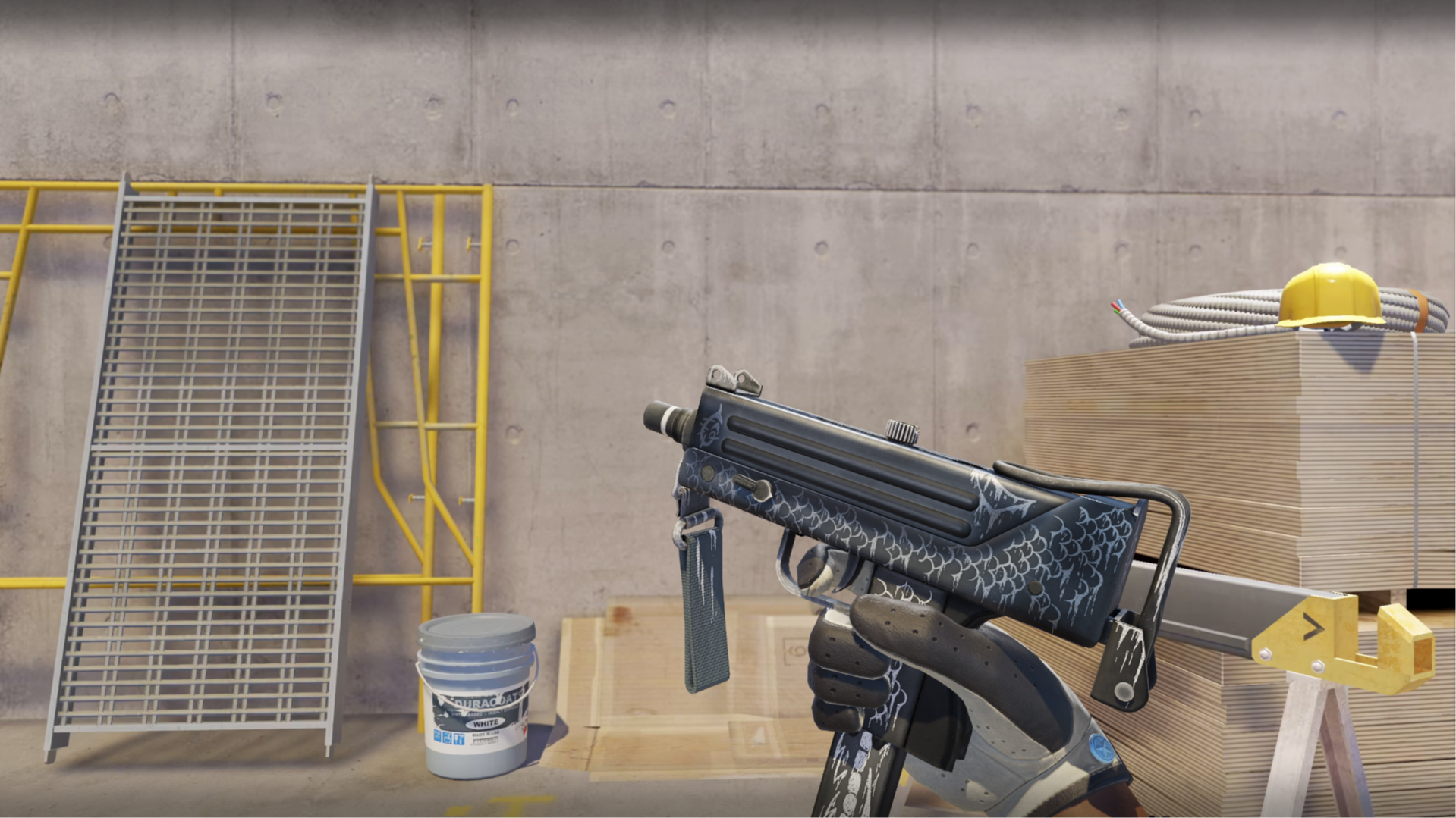 MAC-10 | Whitefish in dark navy with a white fish-scale pattern, shown in-game at a construction site