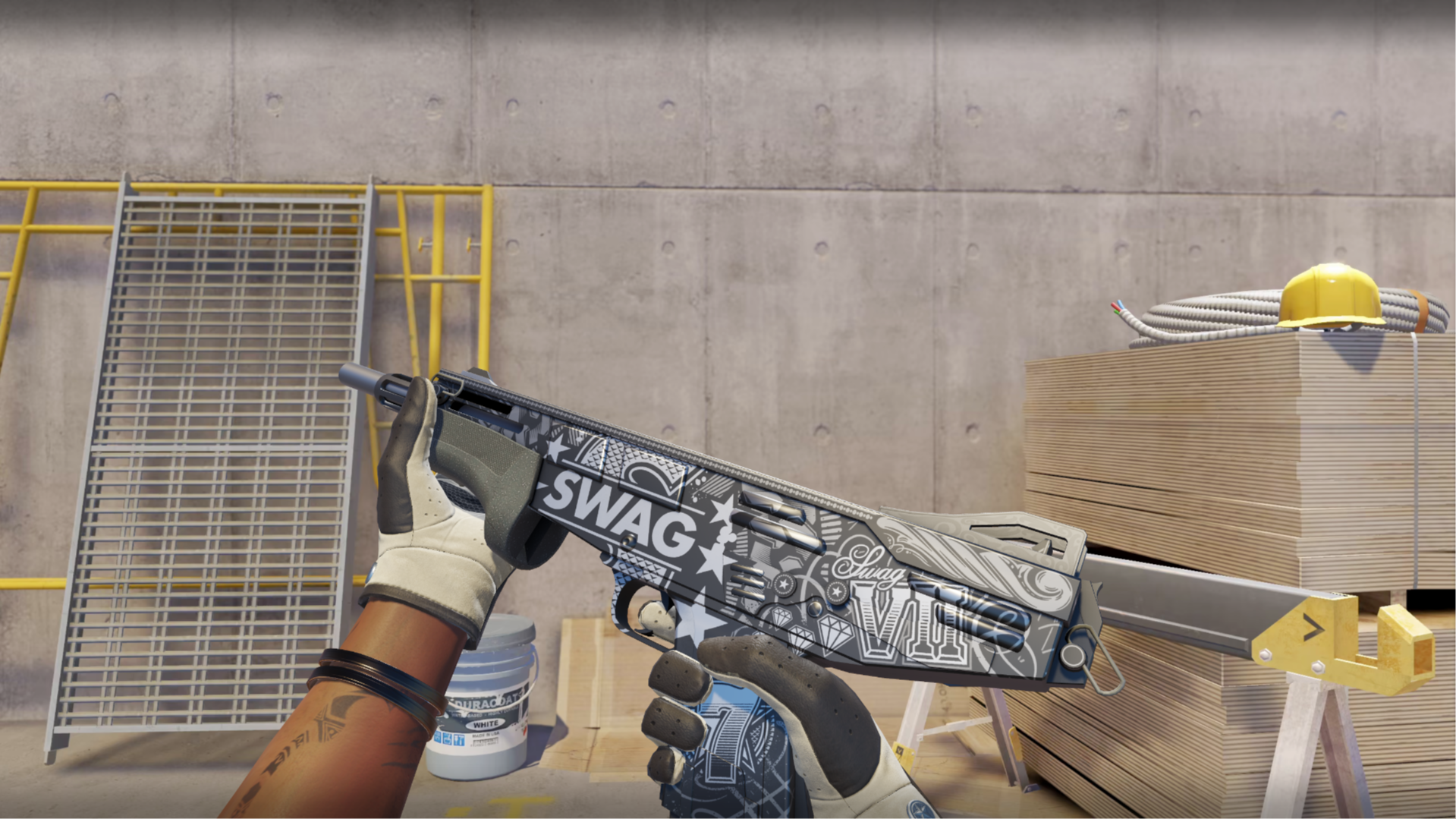 MAG-7 | SWAG-7 with black, white, and gray graffiti-style graphics and stars, shown in-game at a construction site