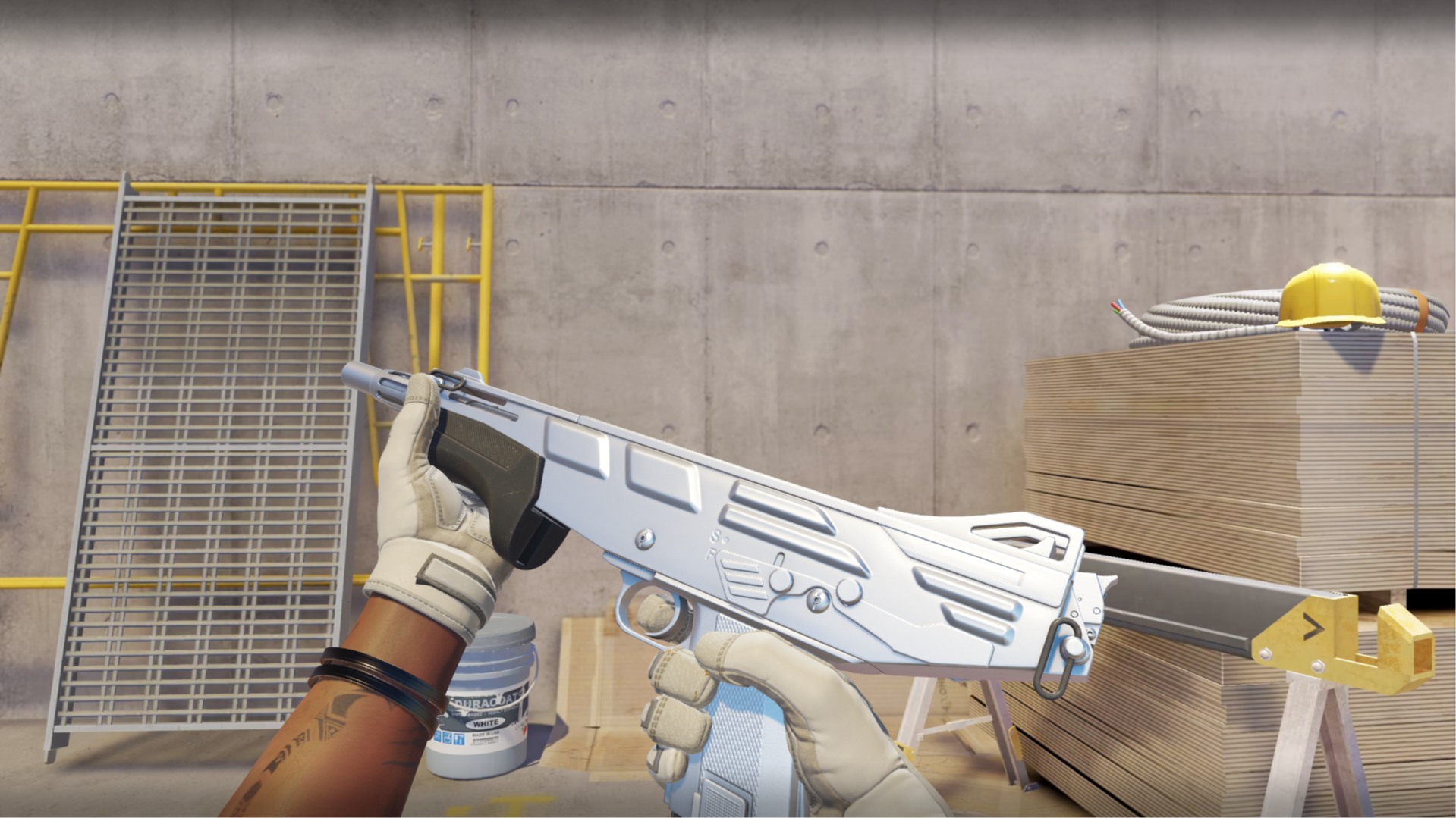 MAG-7 | Silver in smooth white-silver metal with a dark grip, shown in-game at a construction site