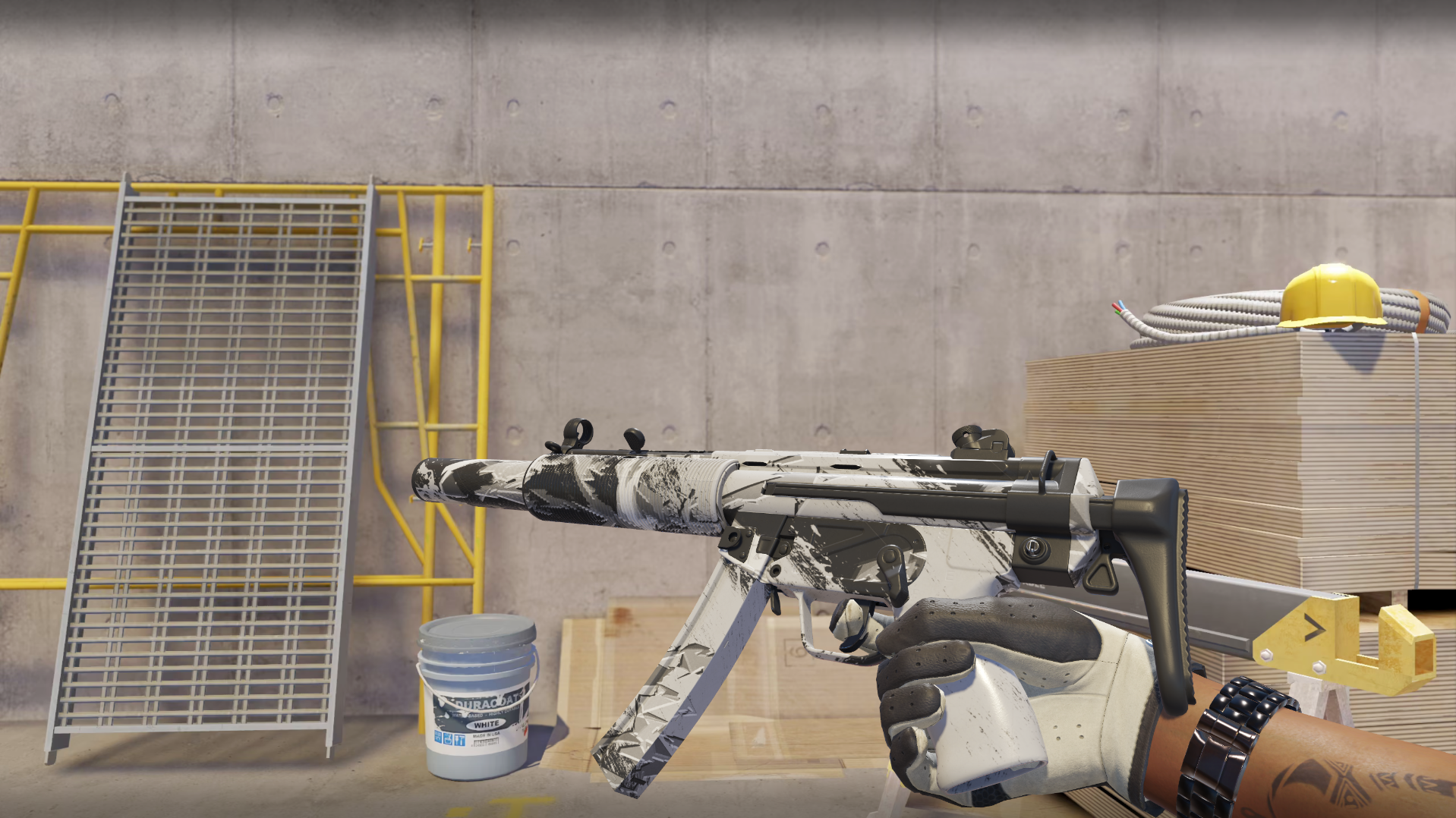 MP5-SD | Snow Splash with a white, gray, and black splatter pattern, shown in-game at a construction site