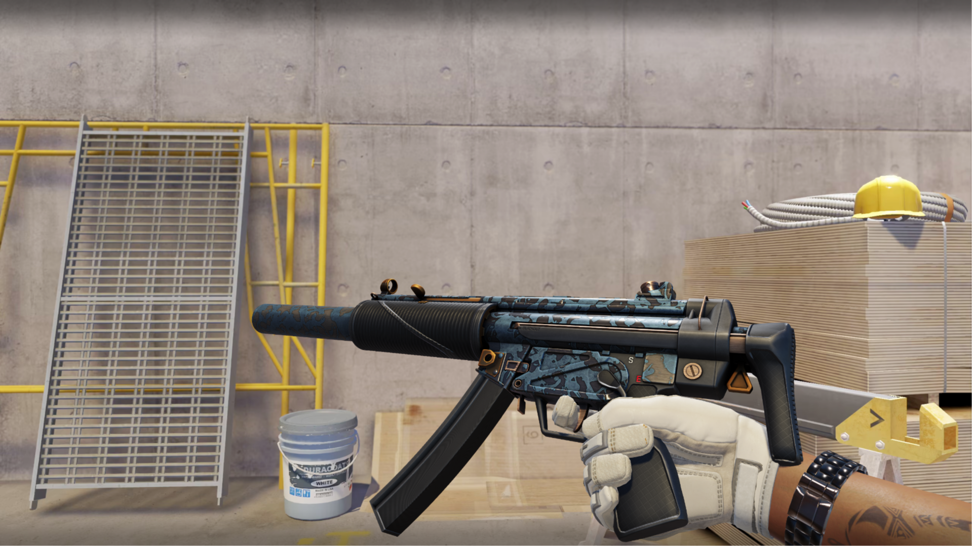 MP5-SD | Acid Wash with blue and black camo and copper accents, shown in-game at a construction site