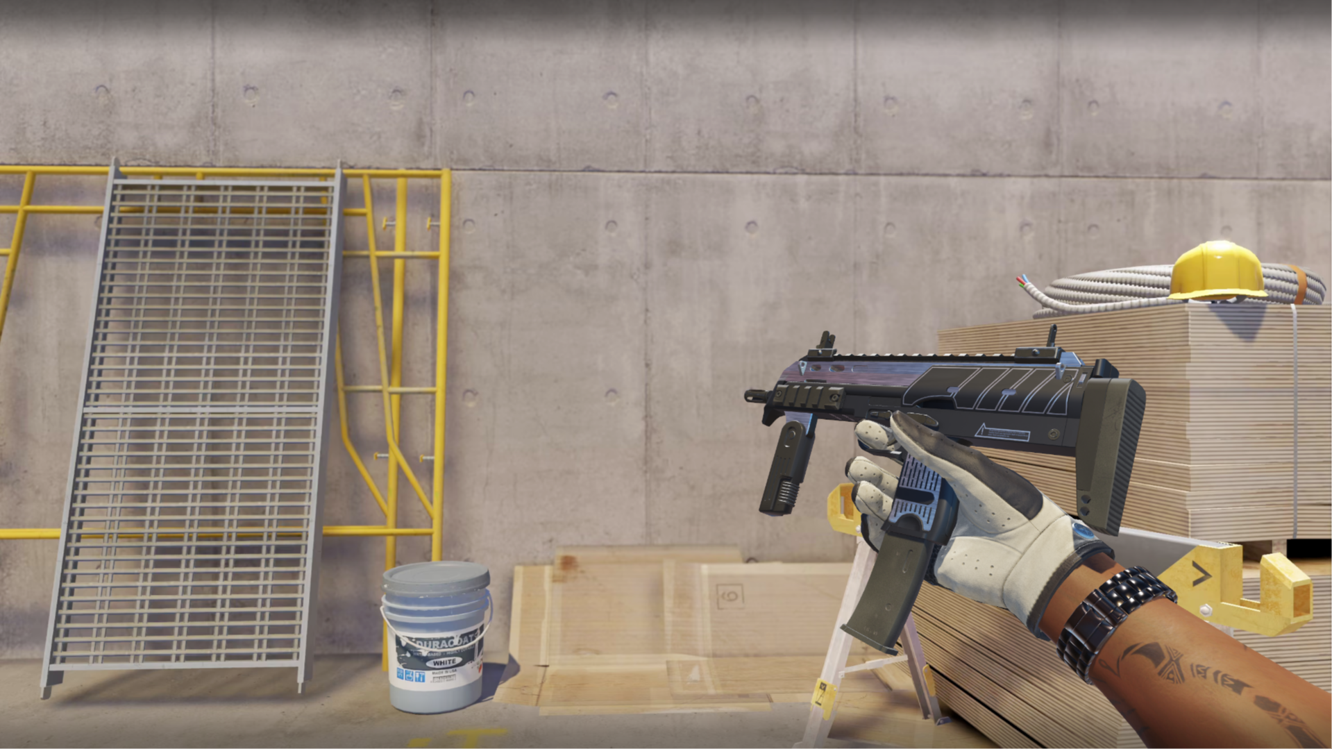 MP7 | Armor Core in dark gray with white outlined panels, shown in-game at a construction site