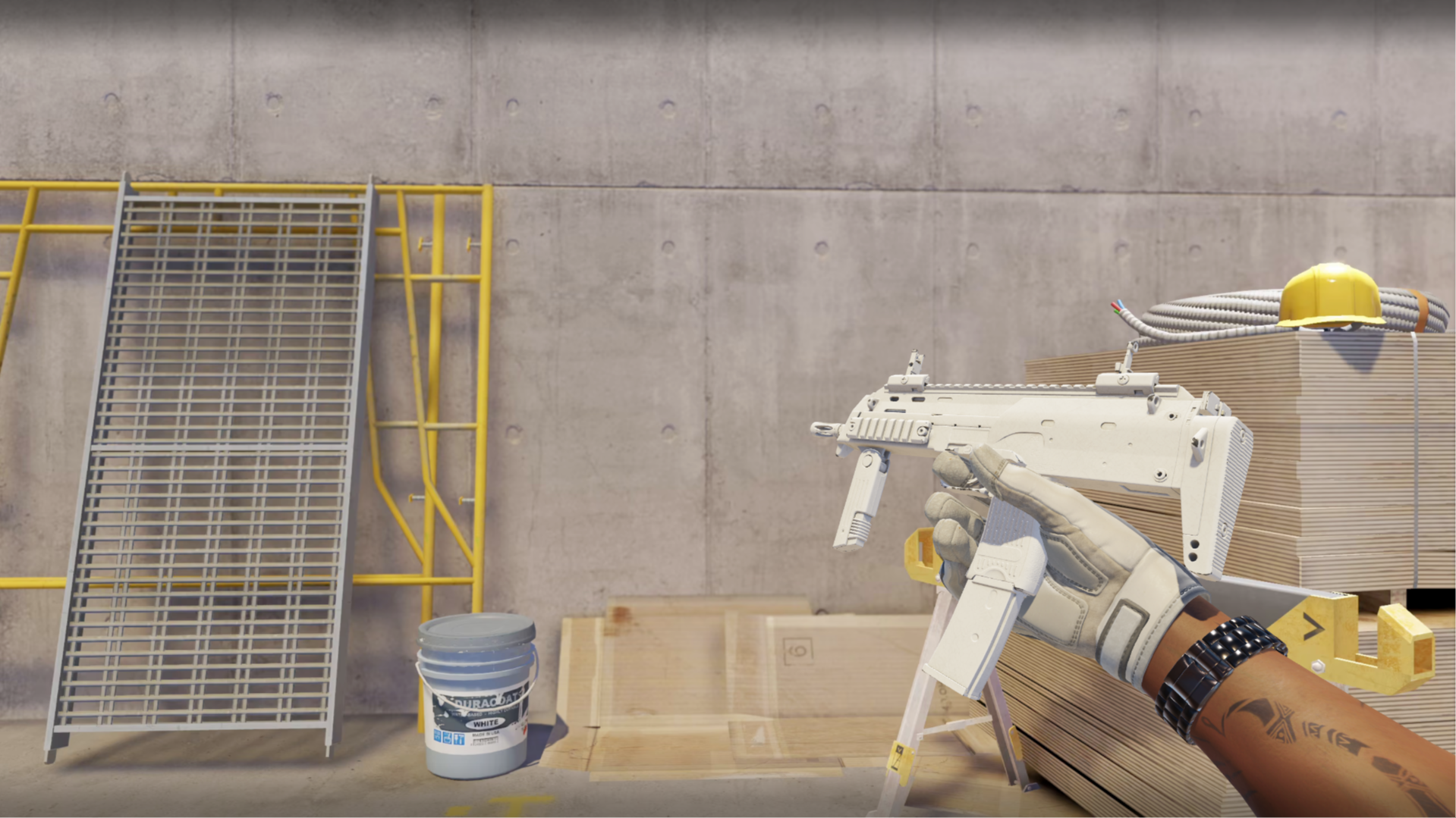 MP7 | Whiteout in solid white, shown in-game at a construction site