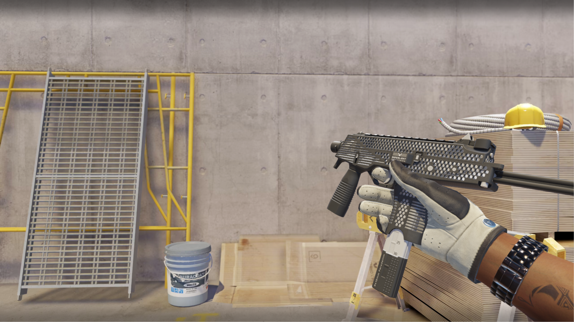 MP9 | Featherweight with a black honeycomb-perforated body, shown in-game at a construction site