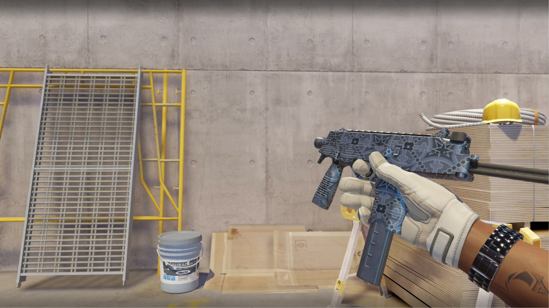 MP9 | Dark Age with a blue-gray ornate medallion pattern, shown in-game at a construction site