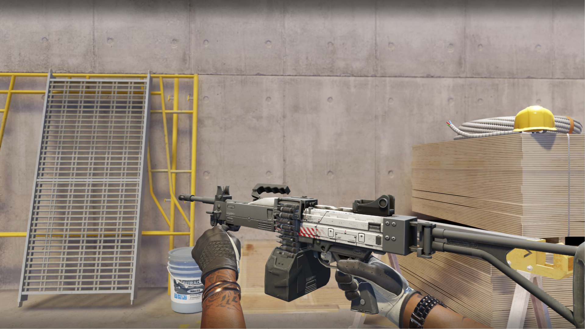 Negev | Prototype in dark gray with a white upper receiver and red hazard stripes, shown in-game at a construction site