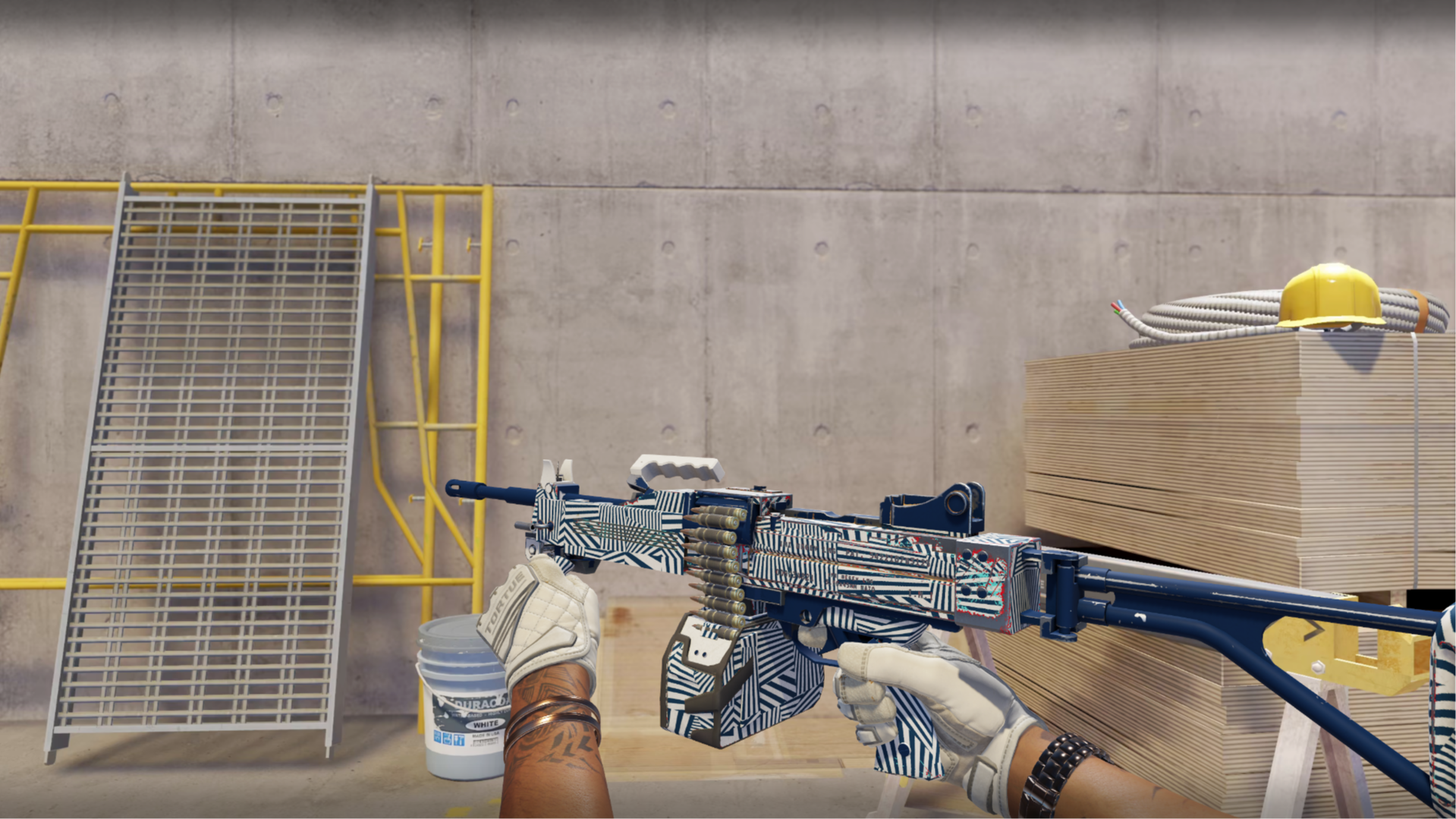 Negev | Dazzle with a navy and white zigzag dazzle camo pattern, shown in-game at a construction site