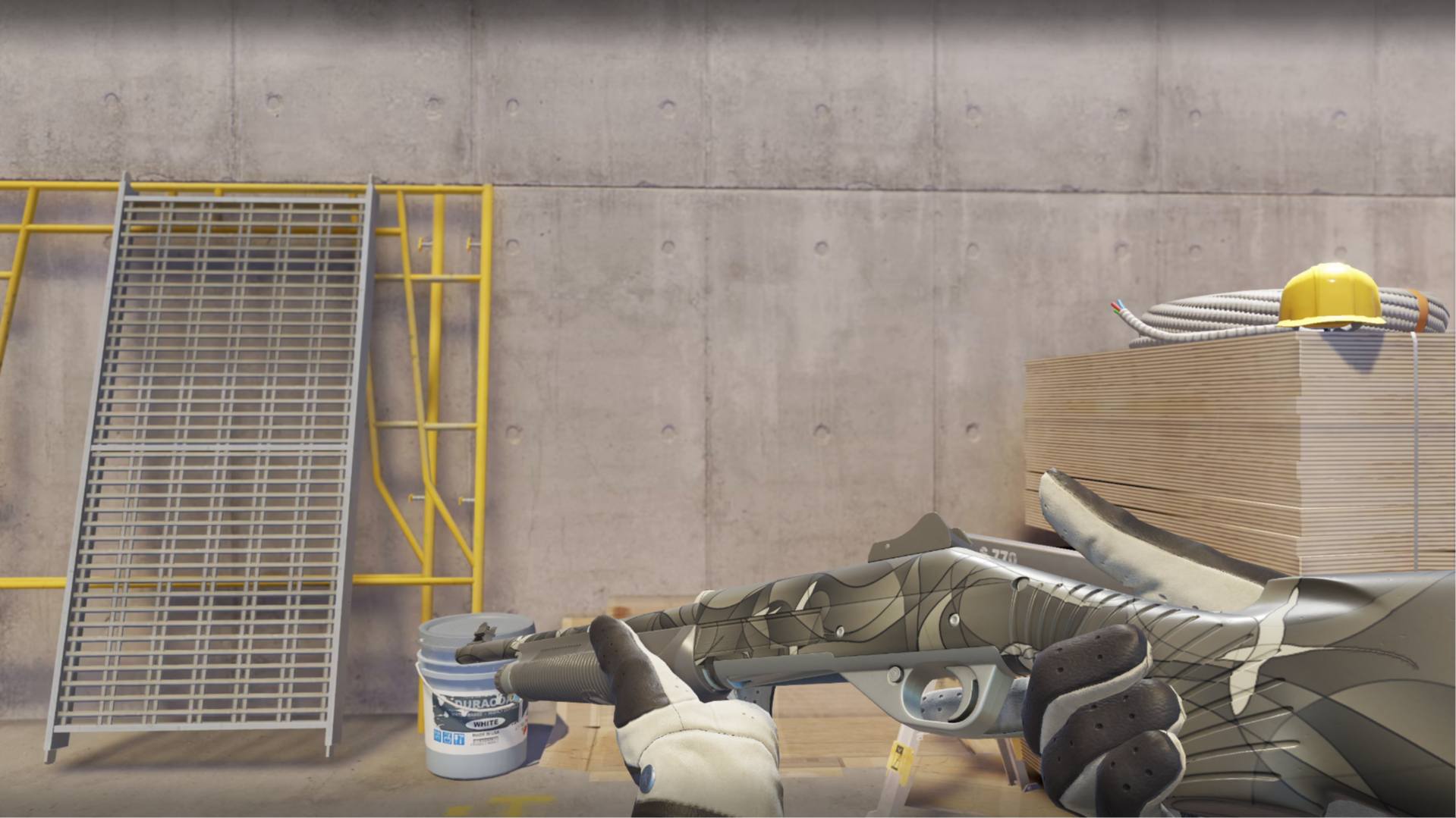 Nova | Currents with a gray and beige flowing line pattern, shown in-game at a construction site