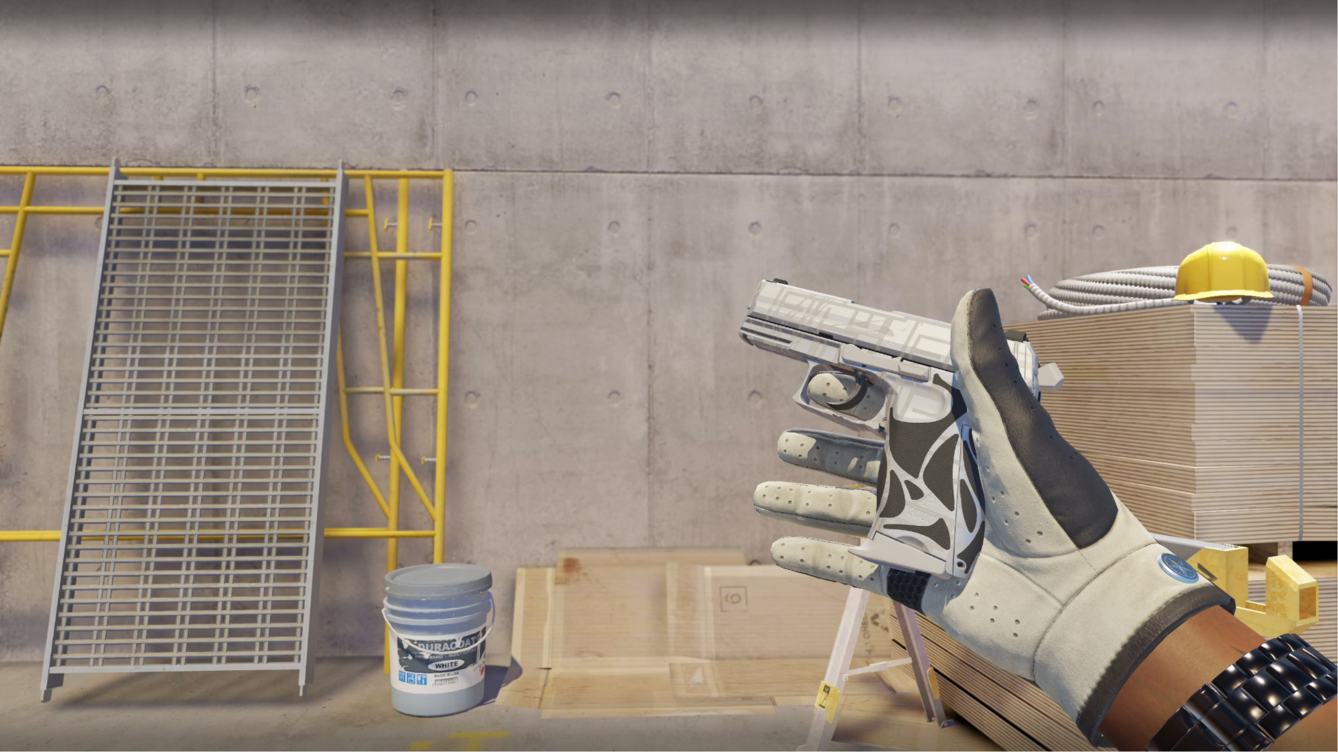 P2000 | Grip Tape in white with gray line patterns and a black and white grip, shown in-game at a construction site