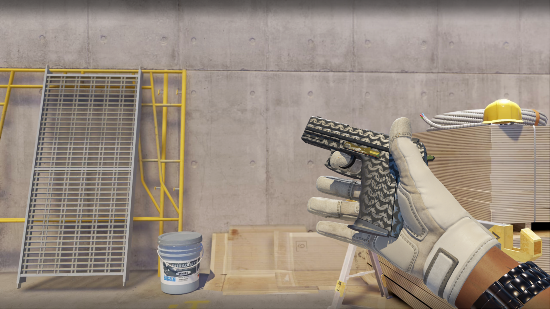 P2000 | Chainmail with a black and silver chain-link pattern and gold accents, shown in-game at a construction site