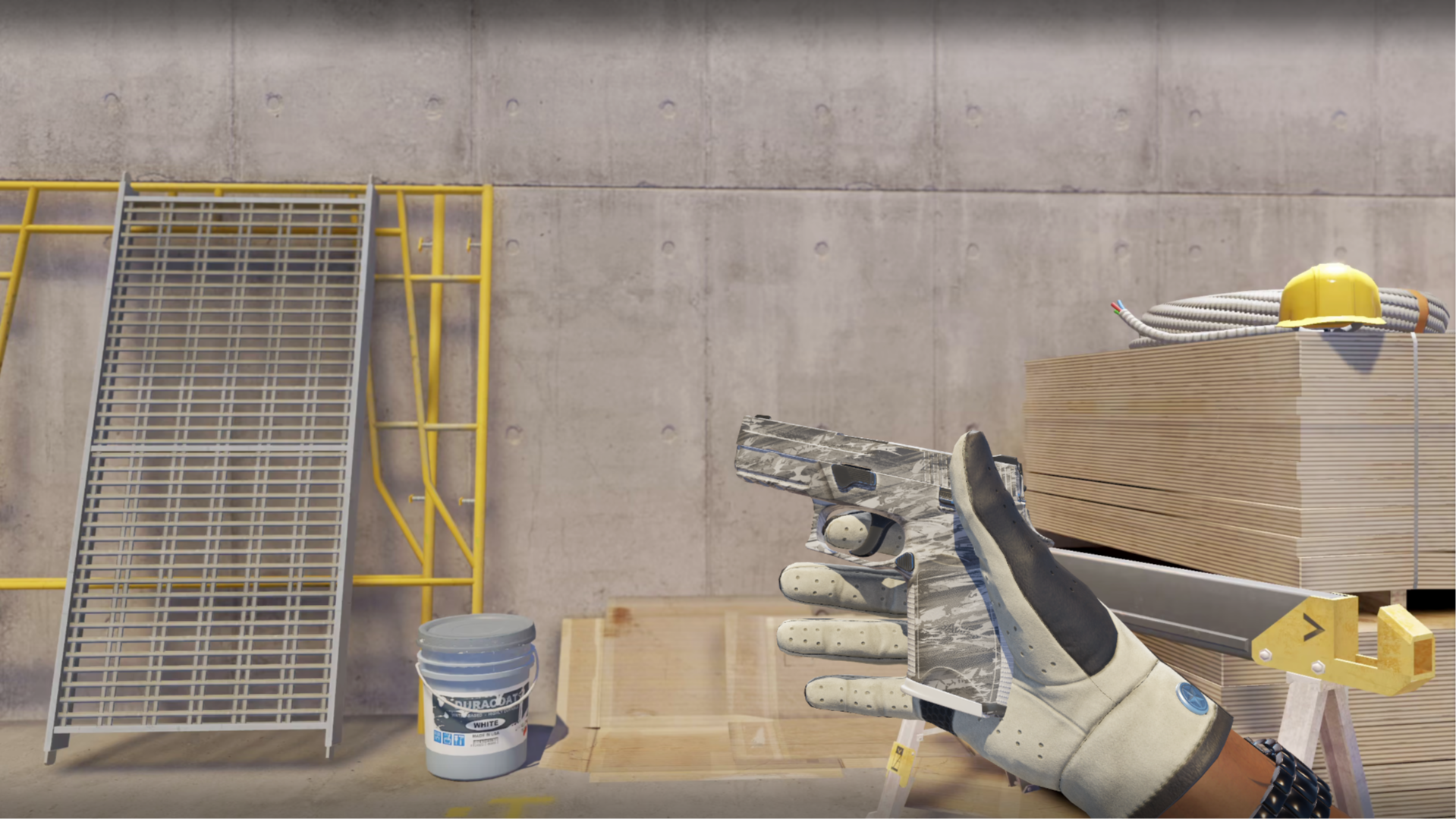 P250 | Sleet with a gray and white camouflage pattern, shown in-game at a construction site