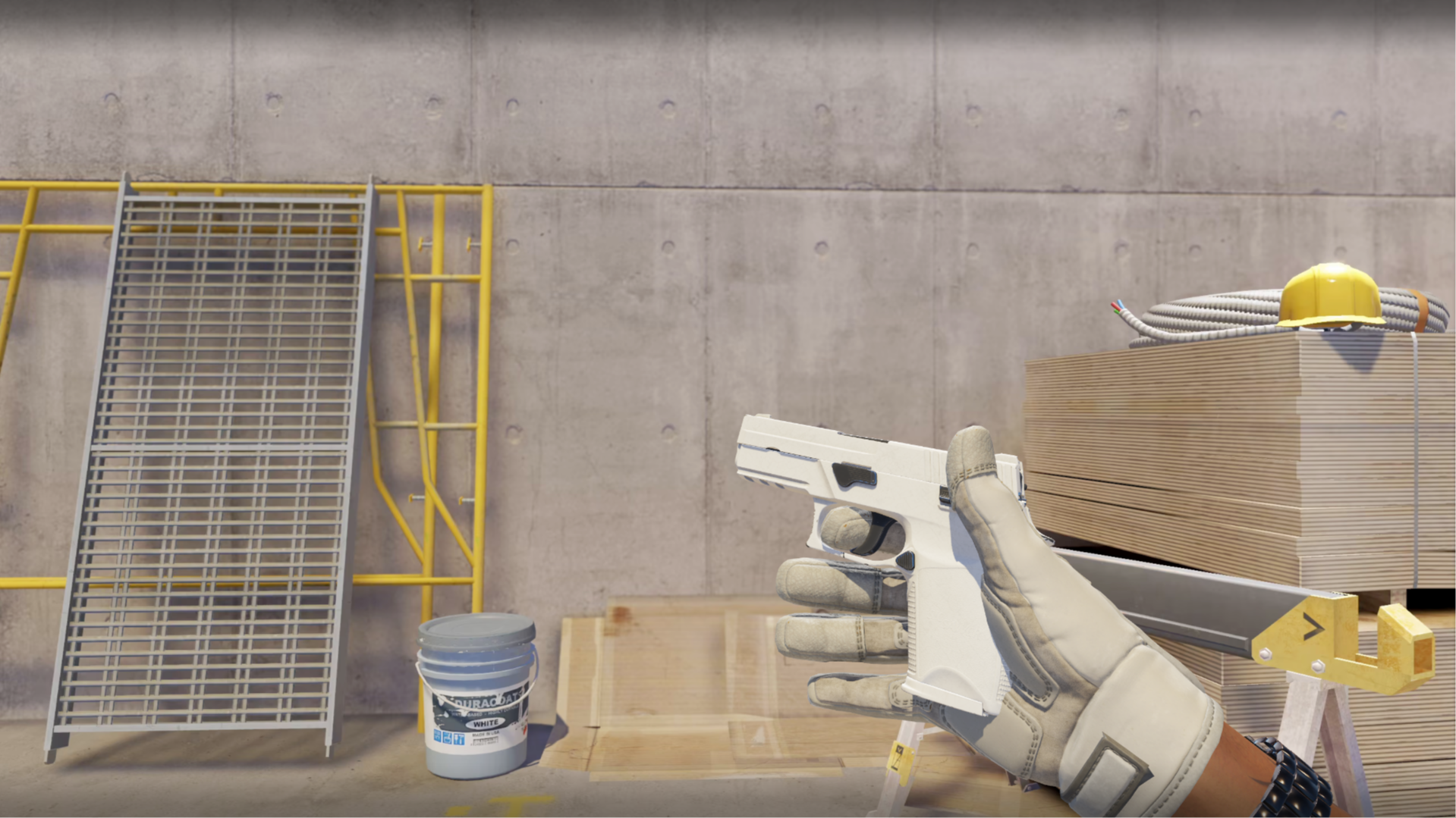 P250 | Whiteout in solid white with black controls, shown in-game at a construction site
