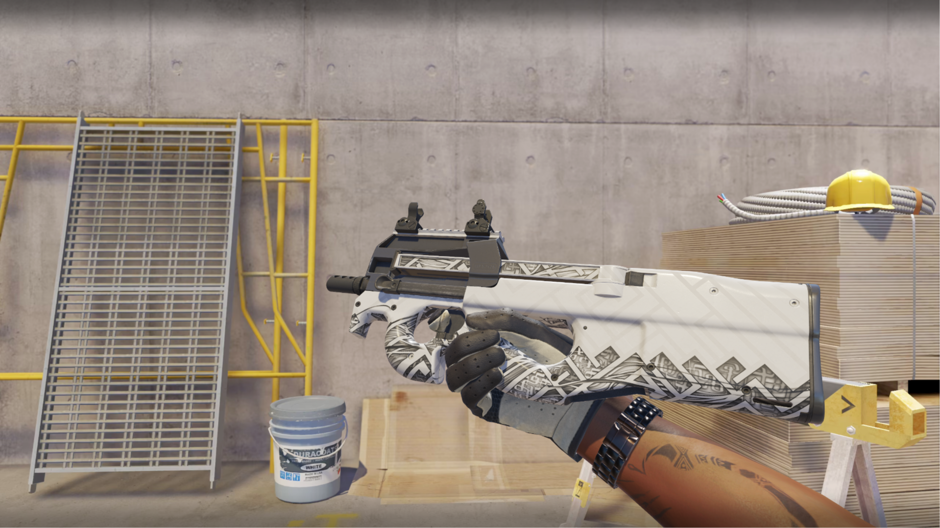 P90 | Aeolian Light with a white body and gray tribal-style line art, shown in-game at a construction site