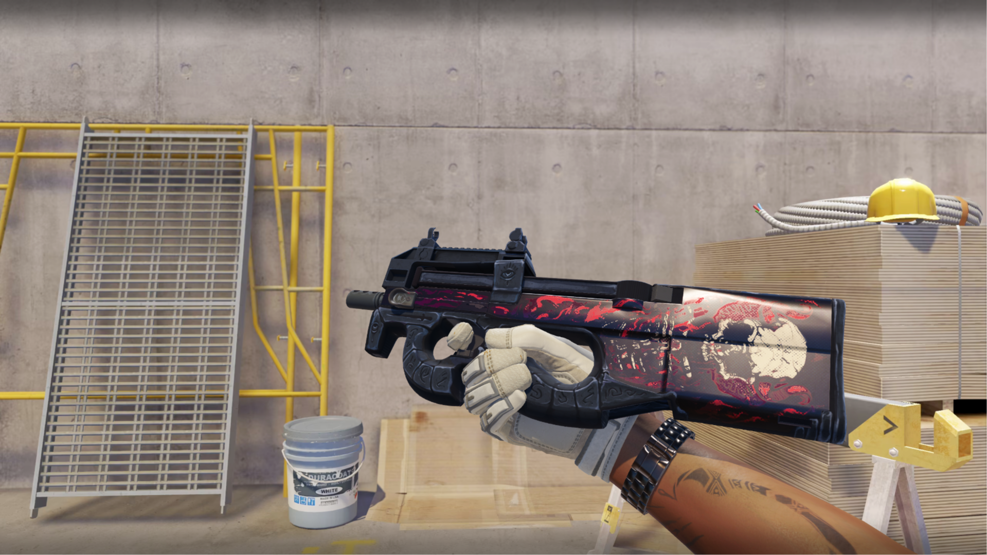 P90 | Shallow Grave in dark navy with red marks and a pale skull graphic, shown in-game at a construction site