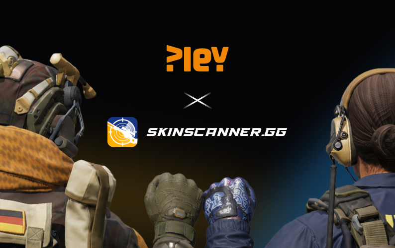 Pley x Skinscanner.gg partnership announcement graphic with blurred CS2 player silhouettes in the background