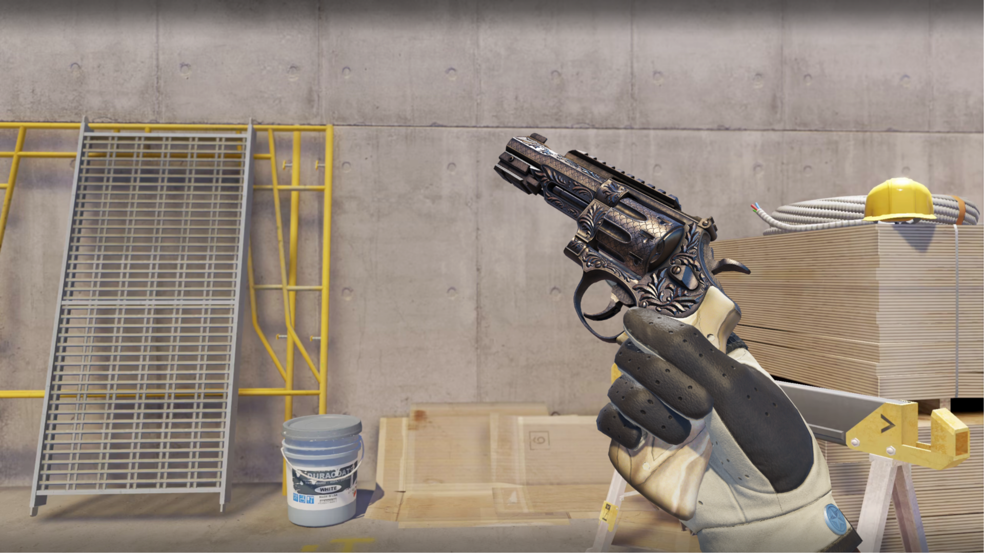 R8 Revolver | Inlay with engraved scrollwork on dark metal and a cream marbled grip, shown in-game at a construction site