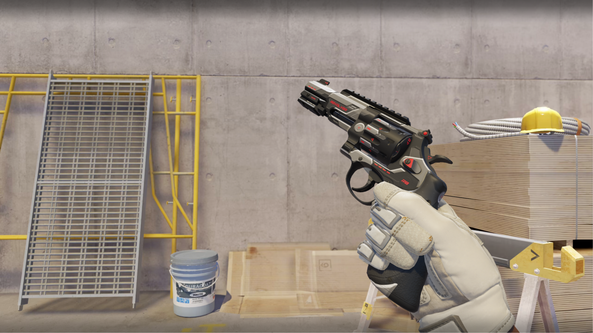 R8 Revolver | Reboot in black, white, and gray with red accents and Revolver text, shown in-game at a construction site