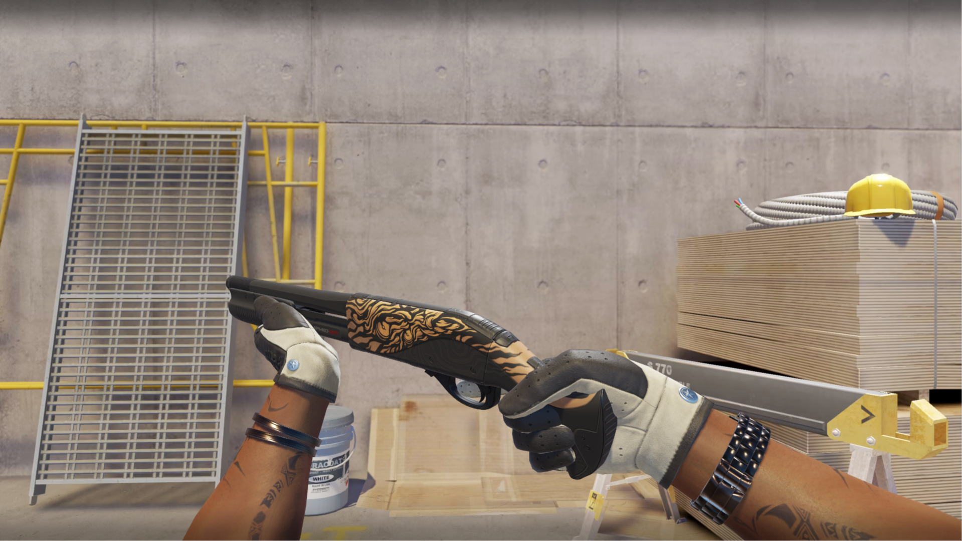 Sawed-Off | Fusion with orange tiger-stripe patterns on a black body, shown in-game at a construction site