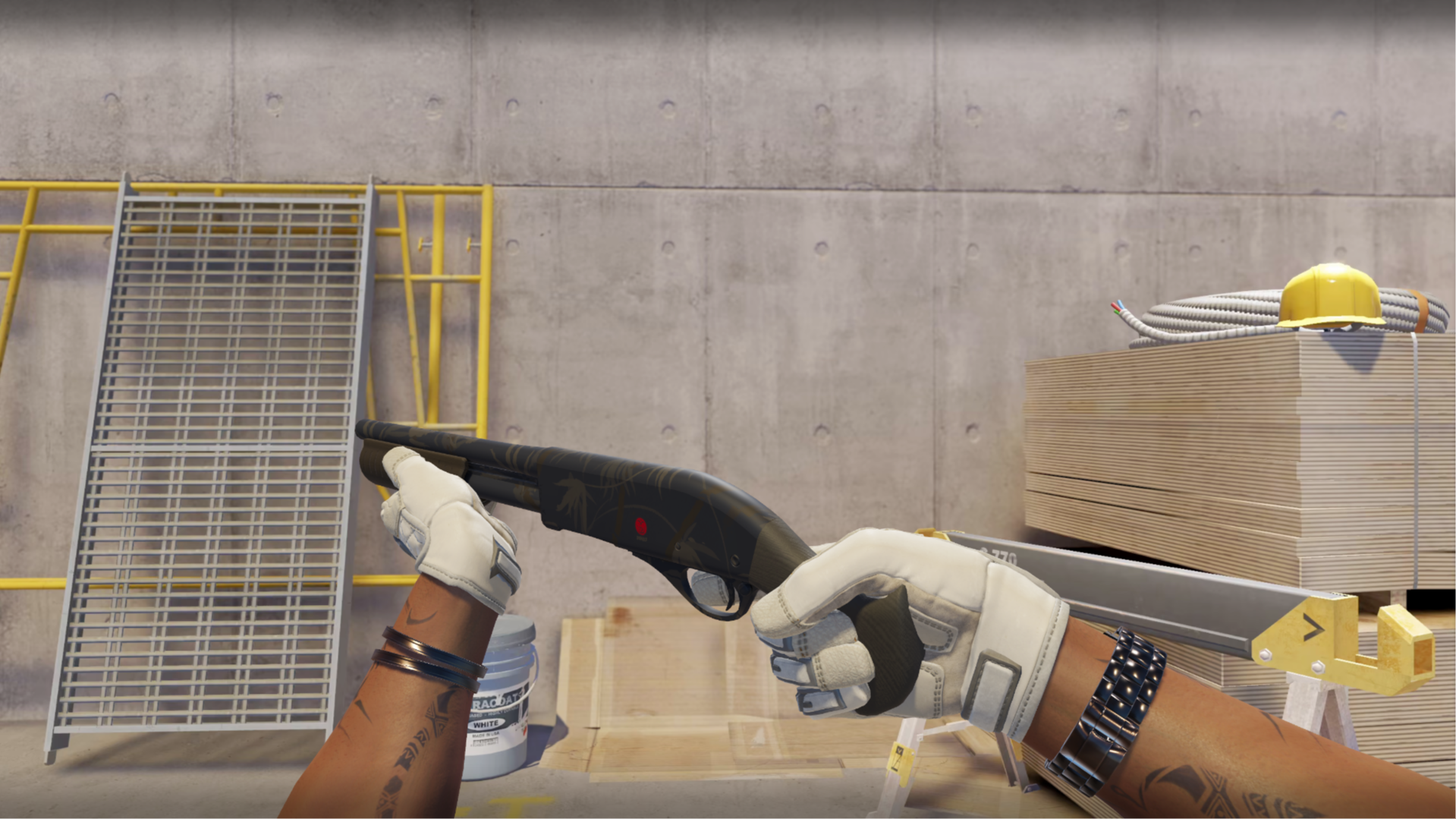 Sawed-Off | Bamboo Shadow with faint bamboo leaves and a red dot on a black body, shown in-game at a construction site