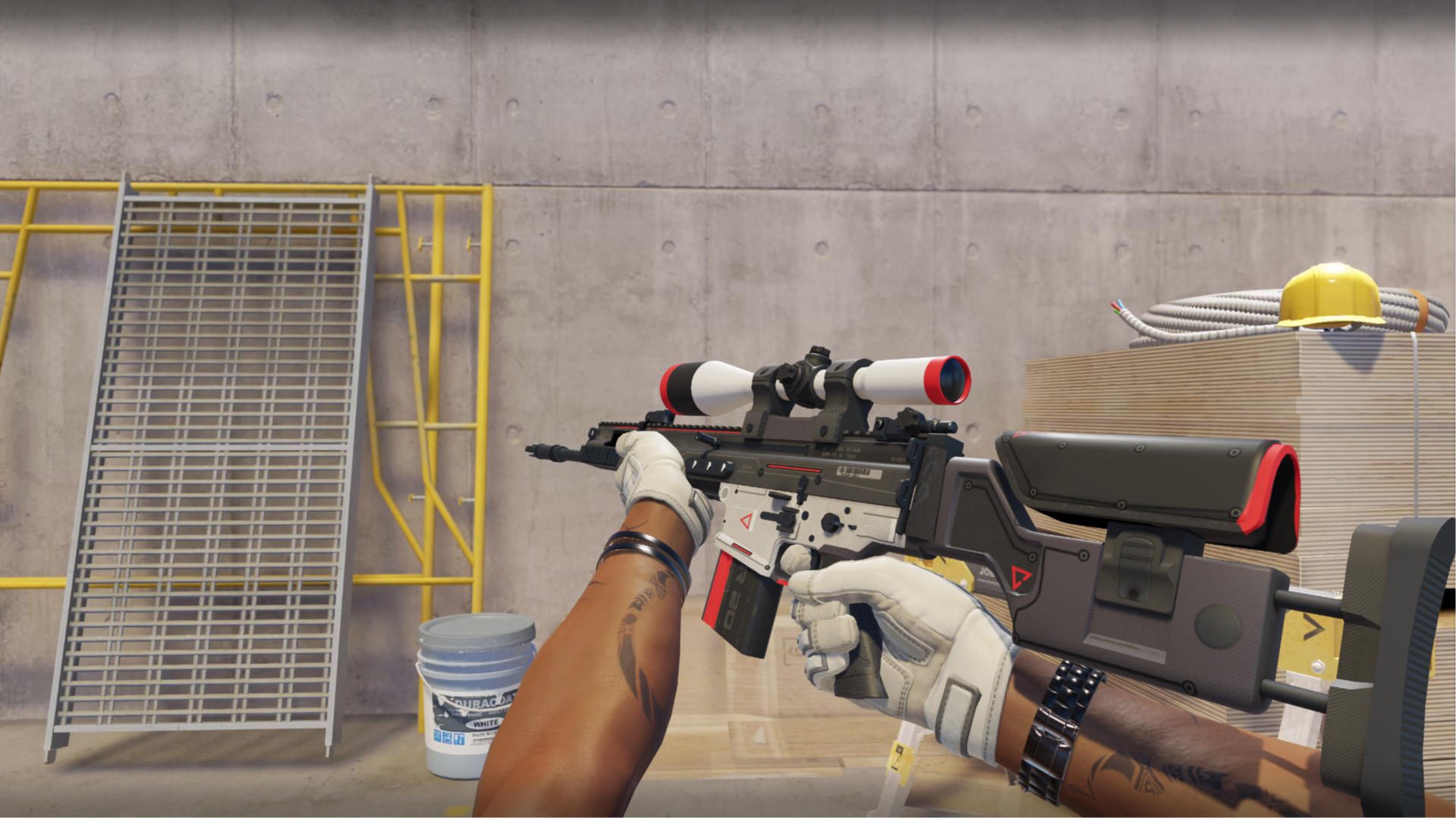 SCAR-20 | Cyrex with white and gray body, red accents, and red-and-white scope, shown in-game at a construction site