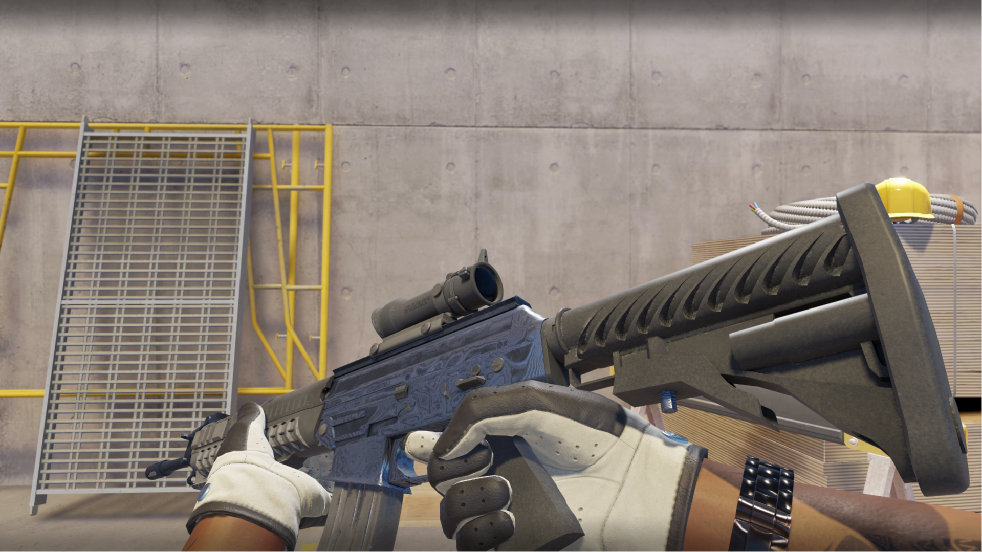 SG 553 | Damascus Steel with a blue-gray wavy Damascus pattern, shown in-game at a construction site