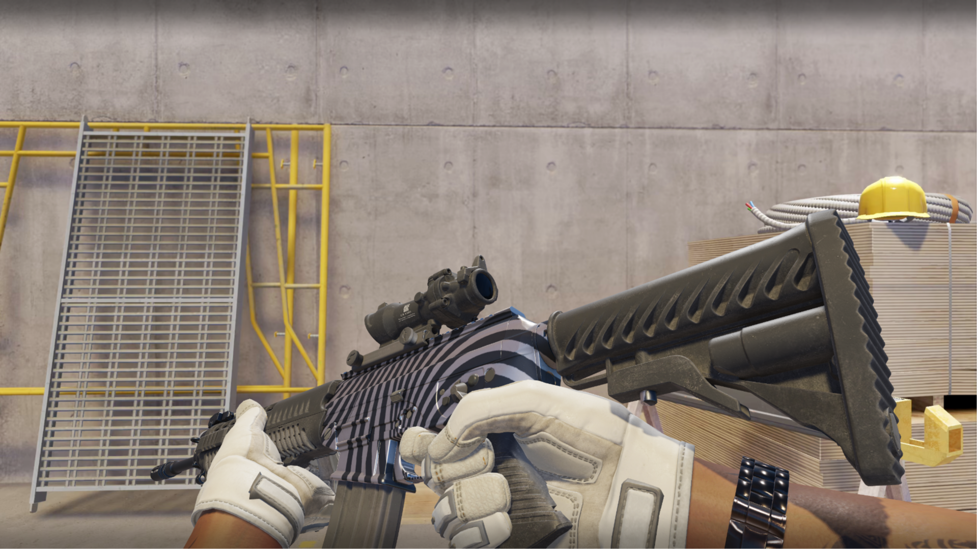 SG 553 | Hypnotic with black and white swirling stripes, shown in-game at a construction site