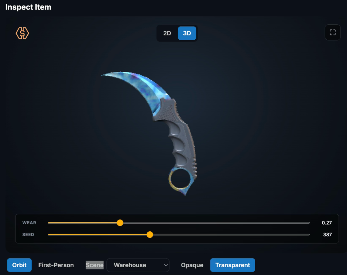 CS2 inspect menu showing a Karambit Case Hardened knife with wear 0.27 and pattern seed 387
