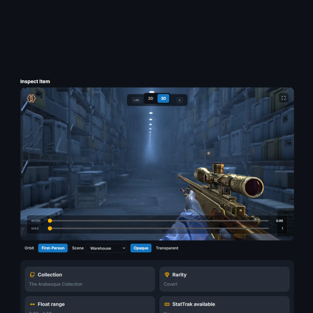 CS2 inspect menu showing the AWP | Sovereign Flame, a Covert skin from the Arabesque Collection