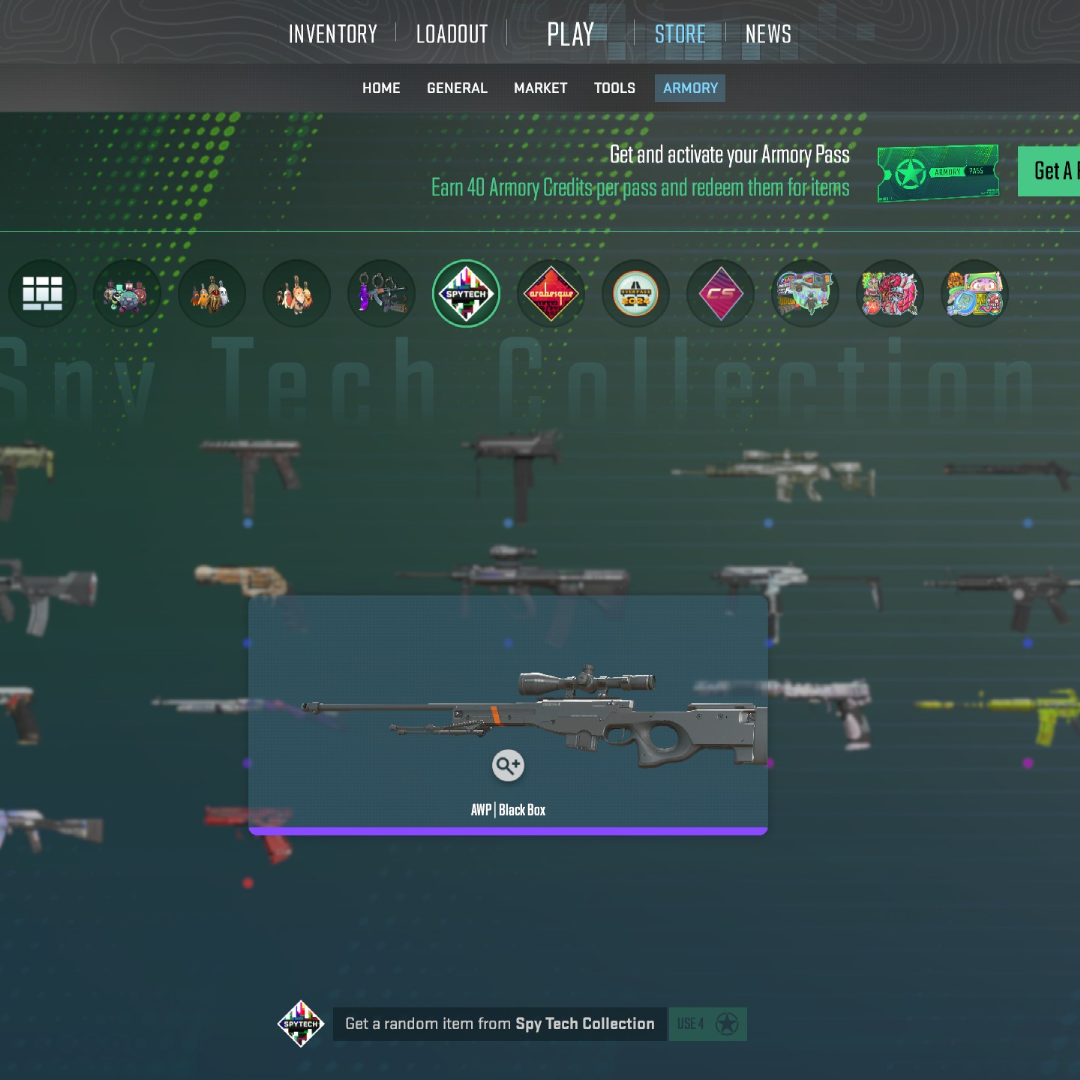 CS2 Armory Pass shop showing Spy Tech Collection weapon skins with the AWP | Black Box selected