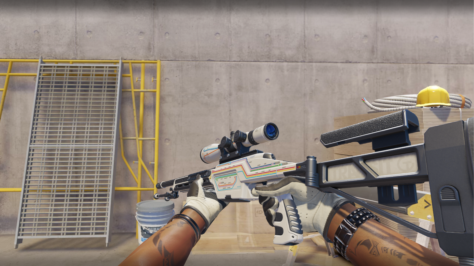 SSG 08 | Rapid Transit in white with thin multicolored transit-map lines, shown in-game at a construction site