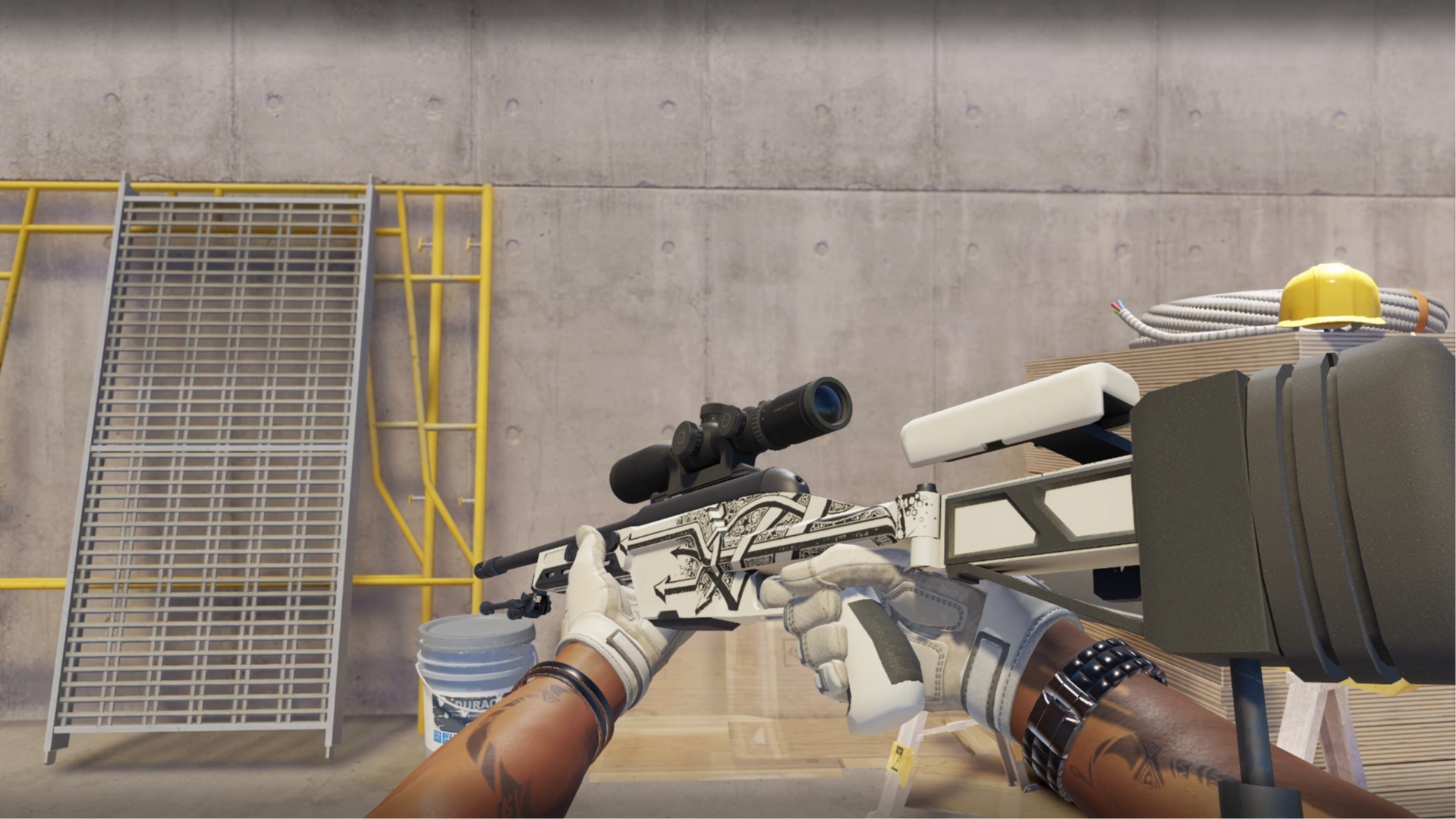 SSG 08 | Detour with black ornate line art on a white body, shown in-game at a construction site