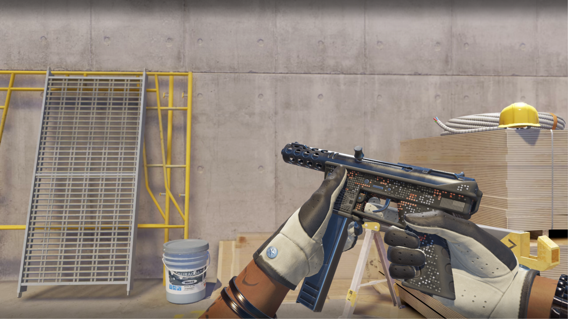 Tec-9 | Perimeter in dark gunmetal with small white and orange circuit-style dots, shown in-game at a construction site