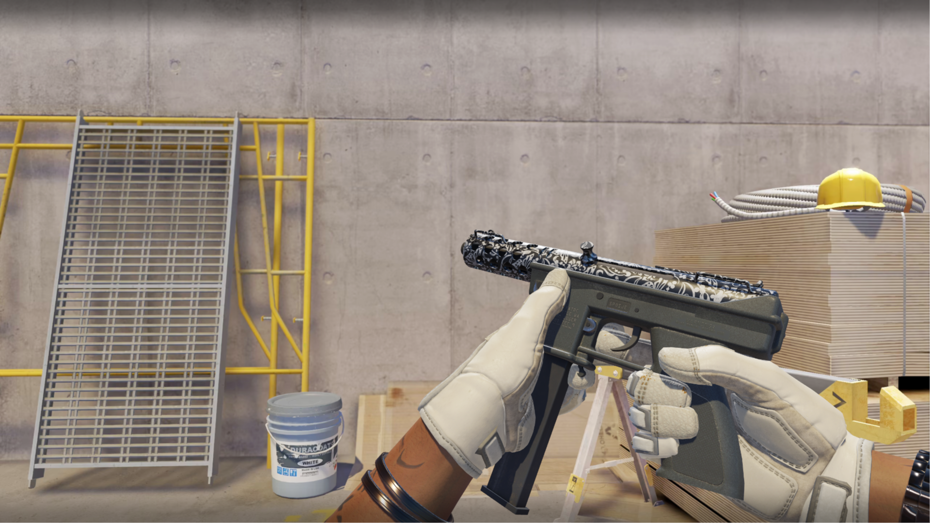 Tec-9 | Cut Out with a black and white ornate floral pattern on the barrel shroud, shown in-game at a construction site