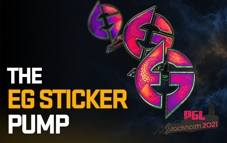 Multiple Evil Geniuses Holo Stockholm 2021 stickers fading into a dark smoky background