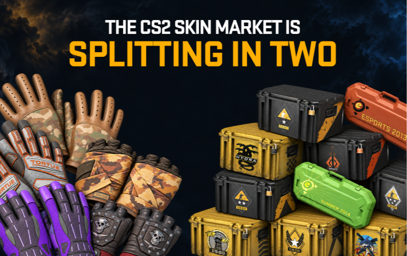 Camo gloves and a stack of CS2 weapon cases divided across a dark header image