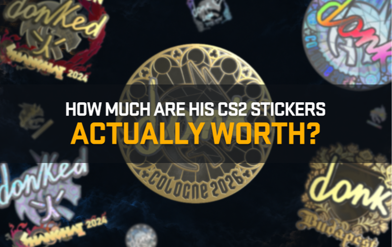 Collage of donk's CS2 stickers from past tournaments, centered on his gold Cologne 2026 medallion sticker