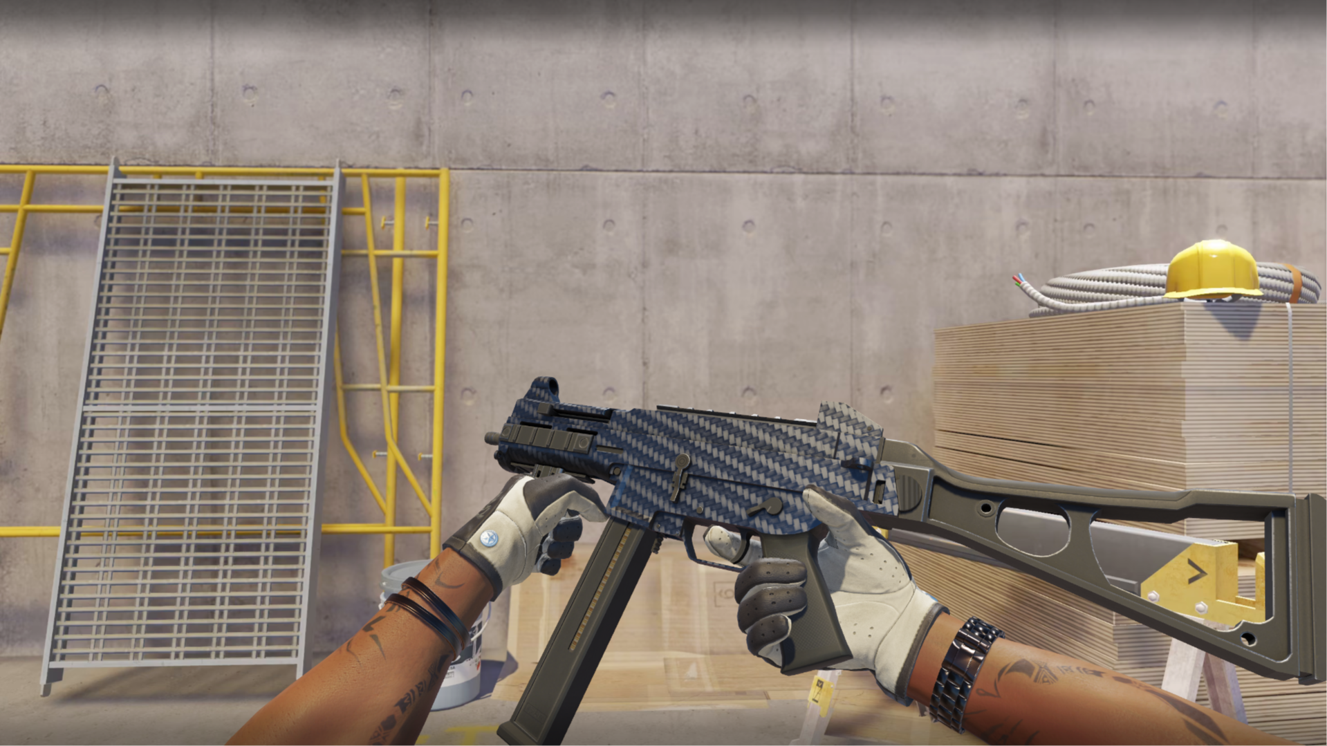 UMP-45 | Carbon Fiber with a blue-black woven carbon texture, shown in-game at a construction site