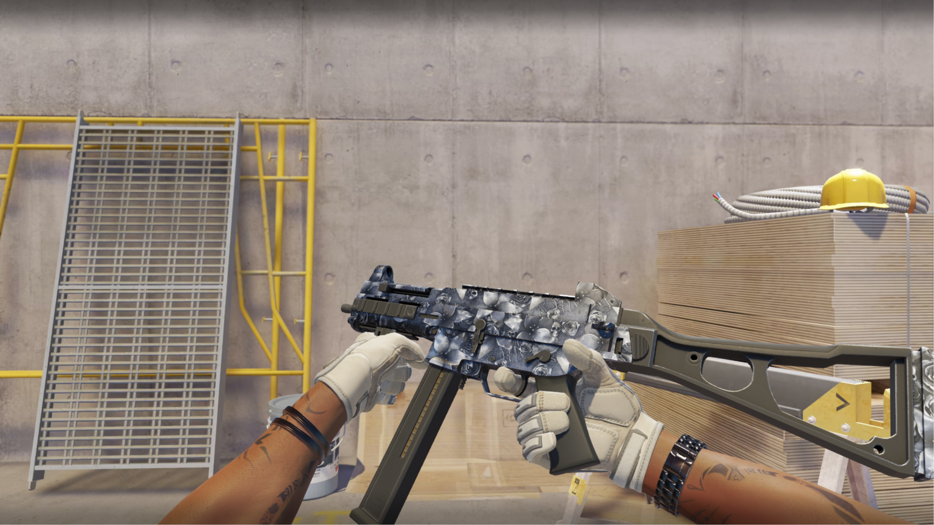 UMP-45 | Metal Flowers with silver roses and small skulls on a dark gray body, shown in-game at a construction site