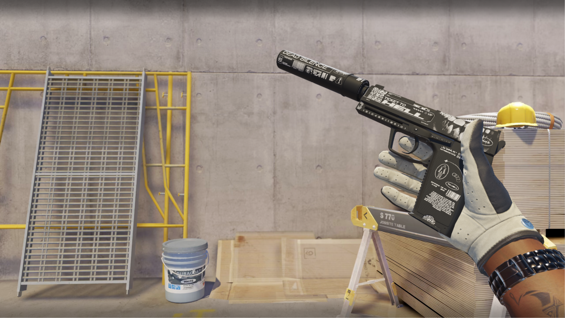 USP-S | Ticket to Hell in black with white text, barcode, and QR code graphics, shown in-game at a construction site