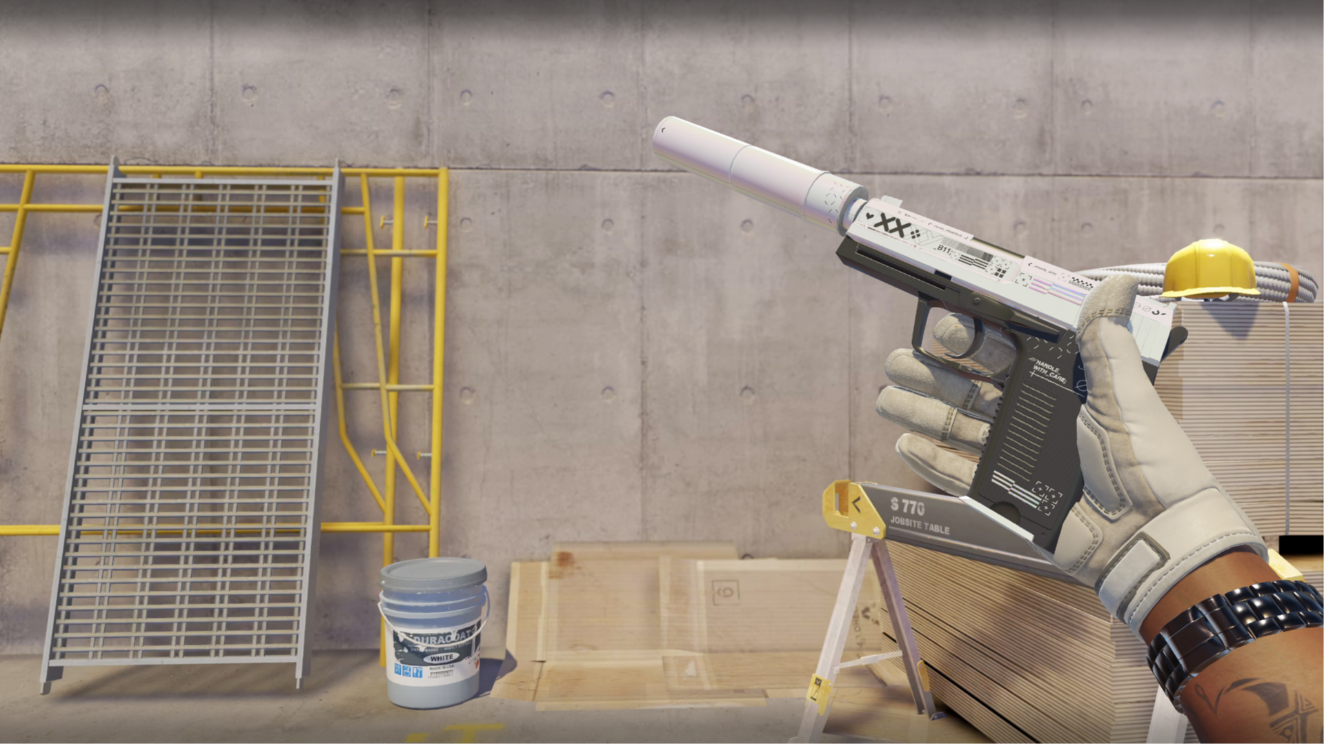 USP-S | Printstream in white with a black grip and code-style graphics, shown in-game at a construction site