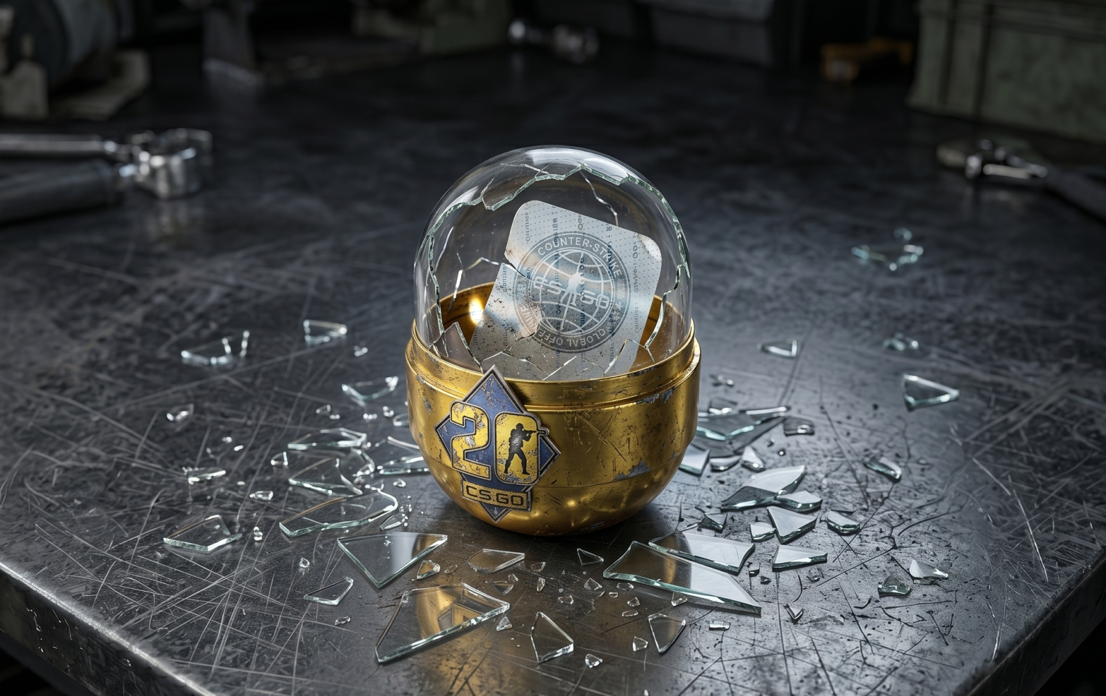 A golden CS2 sticker capsule shattering into glass shards on a dark surface