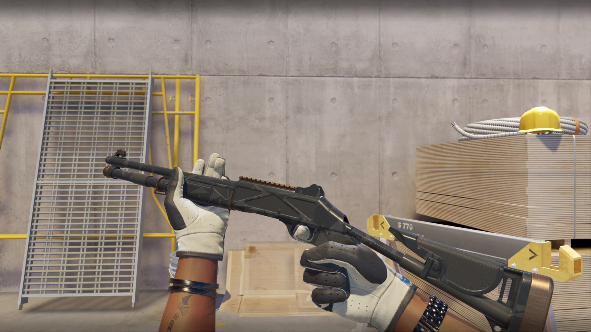 XM1014 | Black Site in black and charcoal with copper-colored accents, shown in-game at a construction site