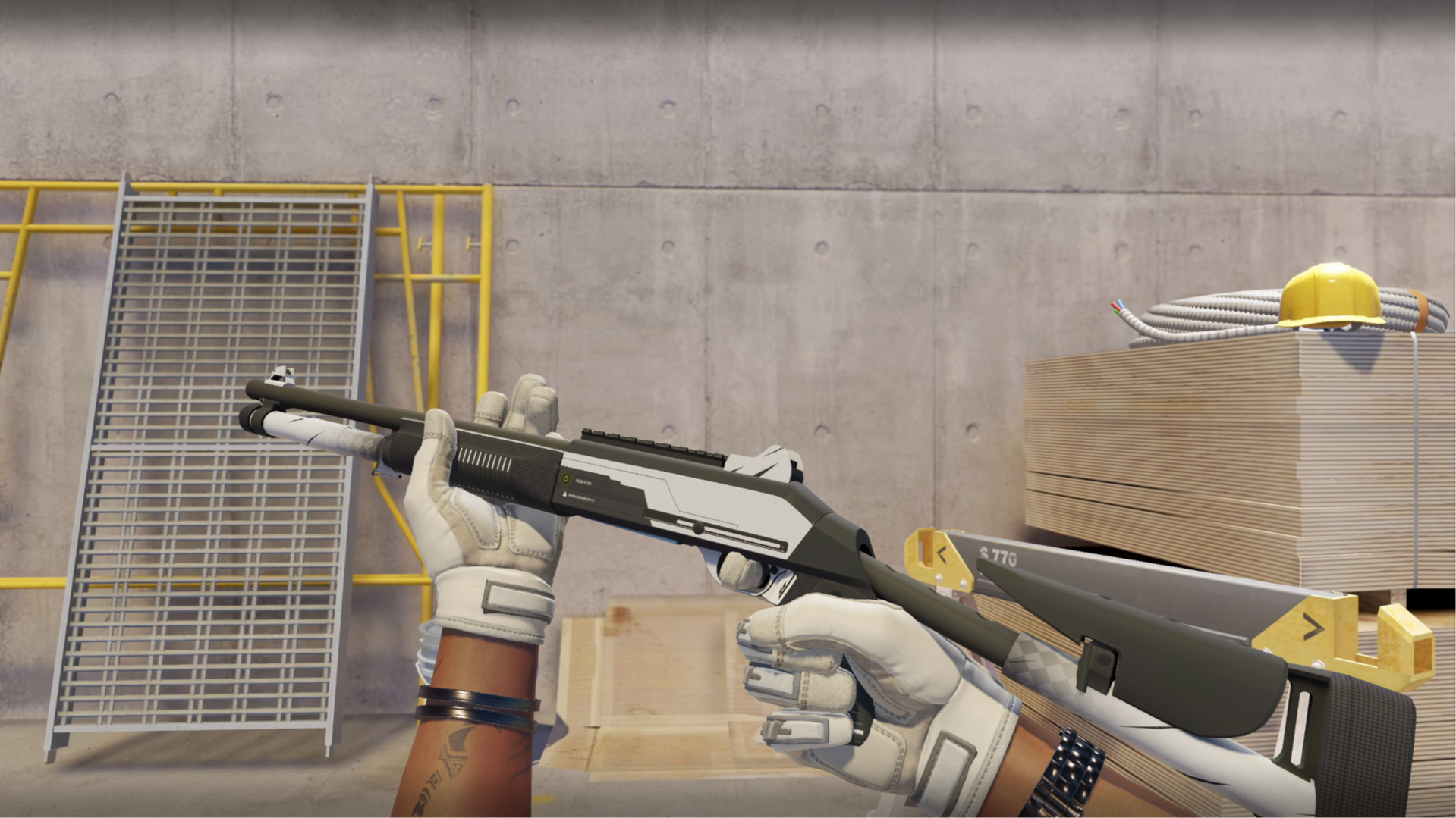 XM1014 | Black Tie with a white and dark olive body, shown in-game at a construction site